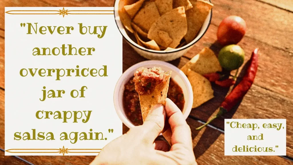 A hand holding a tortilla chip with fresh salsa from the bowl below alongside a tomato, lime, and a chili pepper. The text on the image reads, "Never buy an overpriced jar of crappy salsa again."